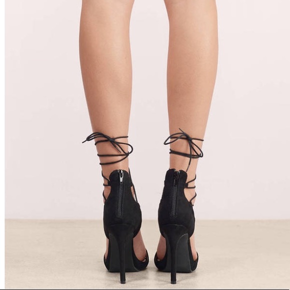 Wild Diva Lounge Black Lace-Up High Heel Sandal With Zipper Womens Faux Suede 6 - Picture 4 of 12
